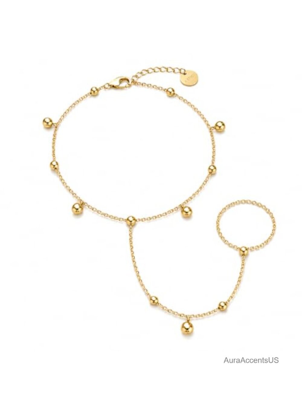 Dainty 14K Gold Plated Hand Chain Bracelet with Ring, Adjustable CZ Link